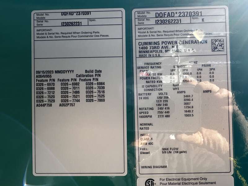 New Cummins DQFAD QST30-G5 NR2 Diesel Generator, EPA Tier 2