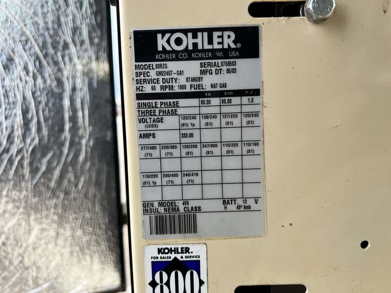 Used Kohler 80RZG Natural Gas/Propane Generator, 959 Hrs Single Phase