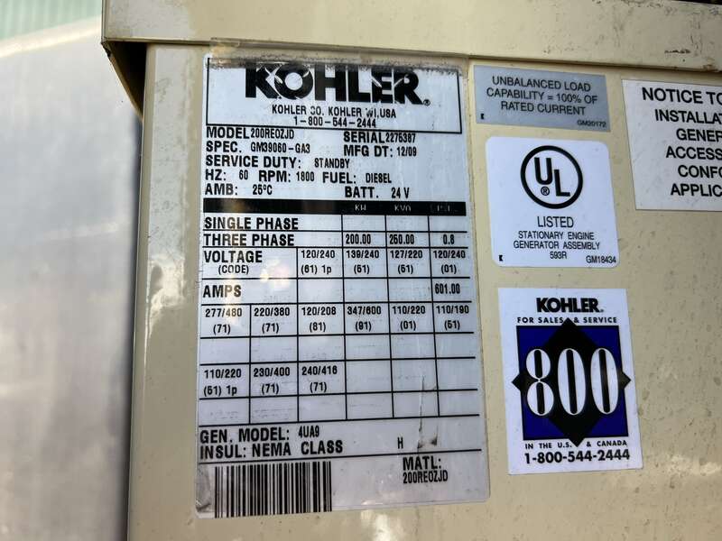 Used Kohler 200REOZJD John Deere 6090HFG85 Diesel Generator, 40 Hrs, EPA Tier 3