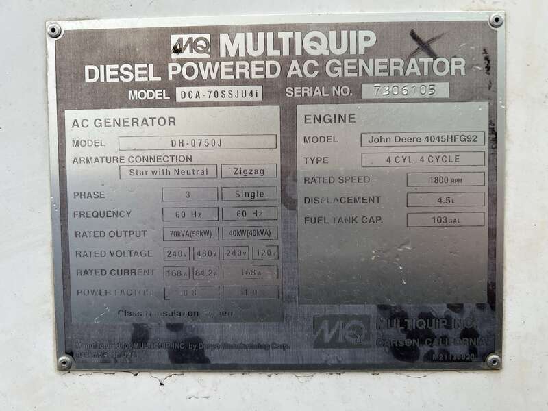 Used Multiquip DCA-70SSJU4I John Deere 4045HFG92 Rental Grade Diesel Generator, 5614 hrs, EPA Tier 4i