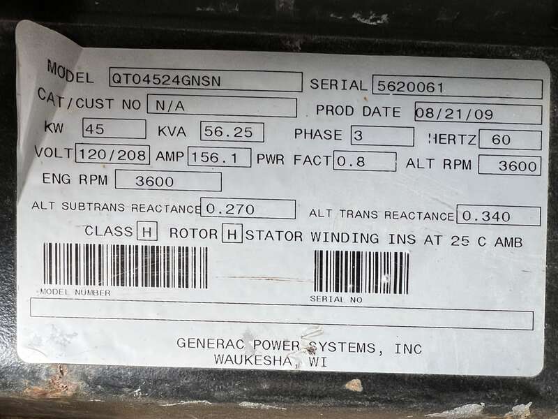 Used Generac QT45 Natural Gas / Propane Generator, 79 Hrs EPA Certified