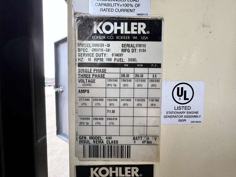 Used Kohler 200REOZV Volvo TAD1741GE Diesel Generator, 236 Hrs