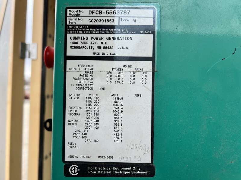 Used Cummins DFCB NTA-855-G2 Diesel Generator, 43 Hrs
