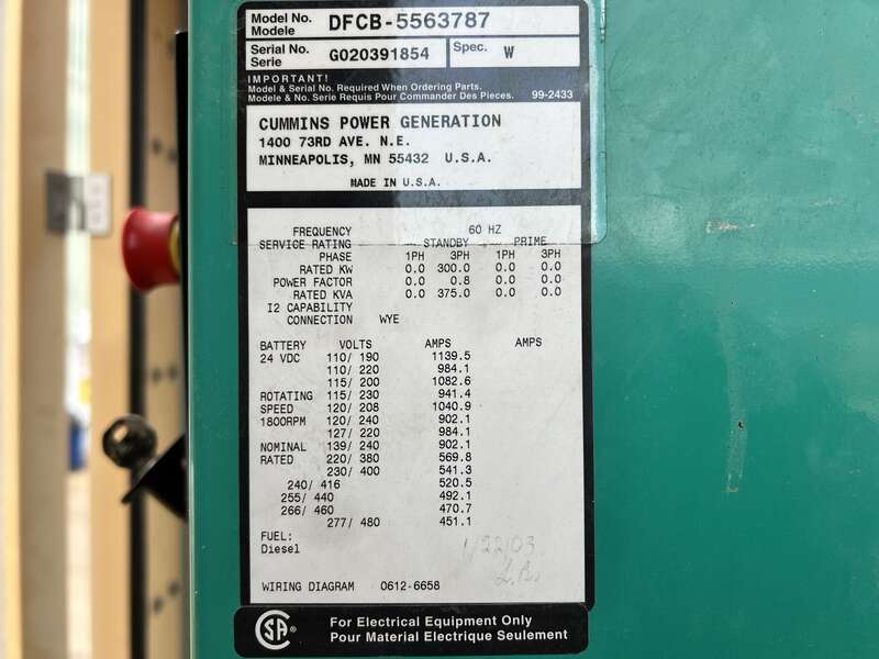 Used Cummins DFCB NTA-855-G2 Diesel Generator, 50 Hrs