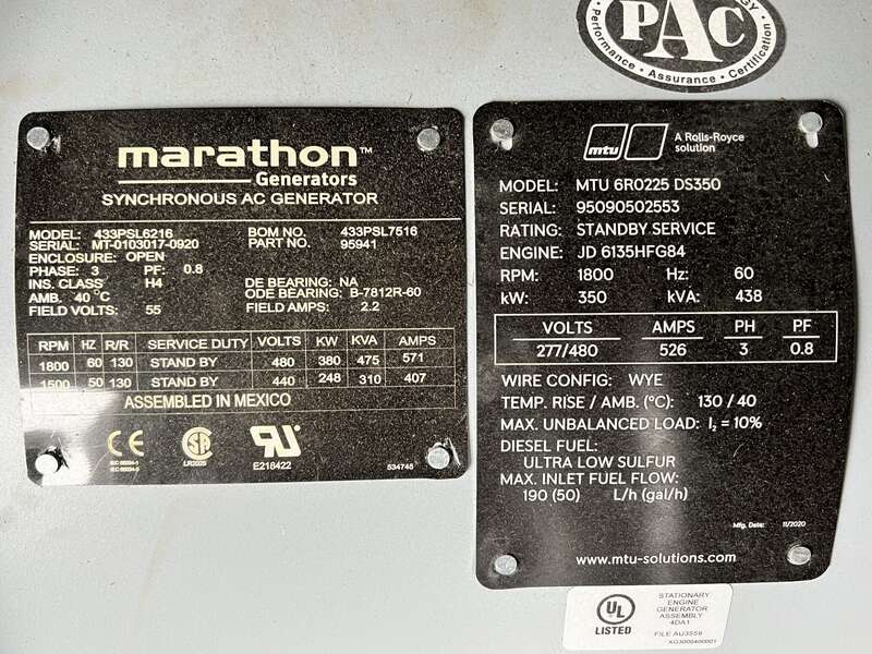 Used MTU DS350 John Deere 613HF84 Diesel Generator, 49 Hrs, EPA Tier 3 w/Warranty