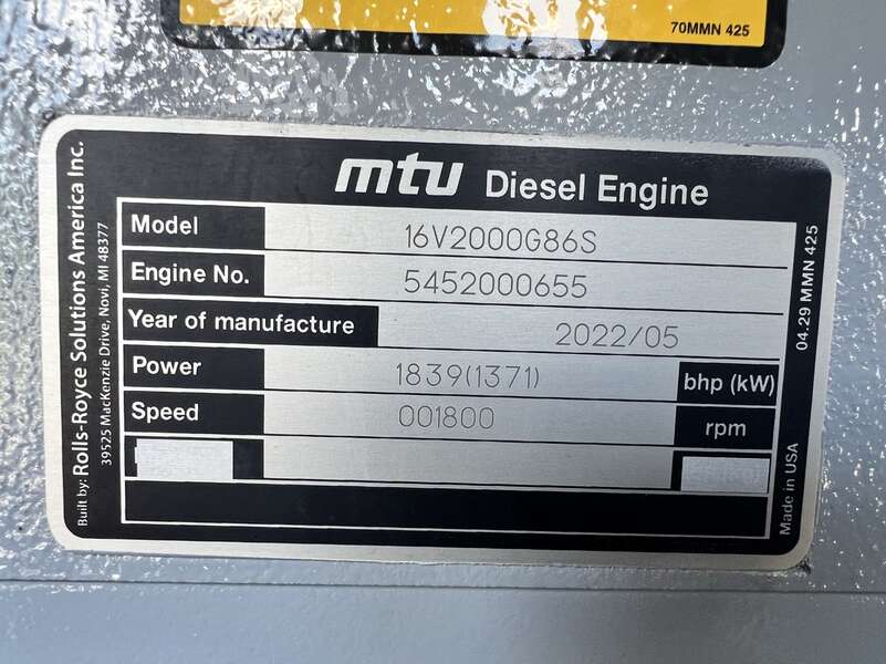 New MTU DS1000 16V2000G86S Diesel Generator, 0 Hrs, EPA Tier 2