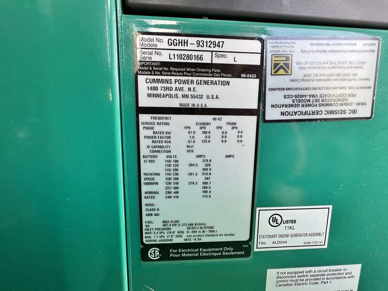 Used Cummins GGHH Natural Gas / Propane Generator, 267 Hrs