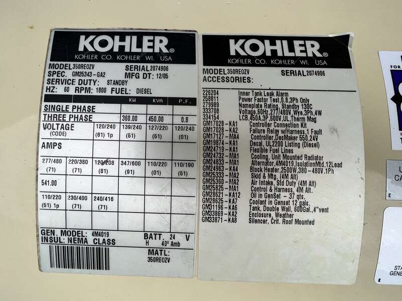 Used Kohler 350REOZV  Diesel Generator, 554 Hrs