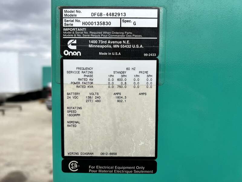 Used Cummins DFGB VTA28-G5 Diesel Generator, 636 Hrs