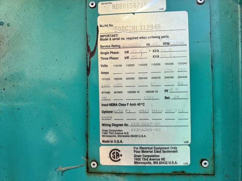 Used Cummins 50DGCAL31294A 4BT-3.9 Diesel Generator, 646 Hrs