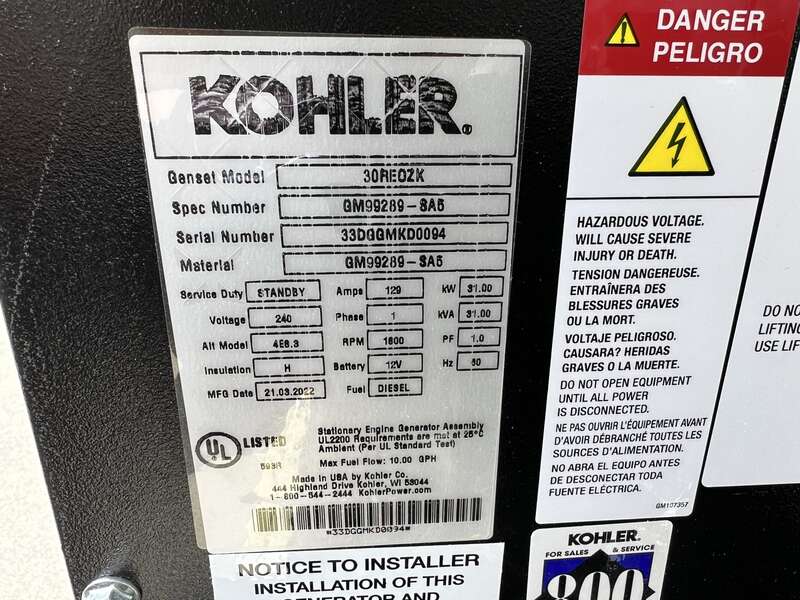 New Kohler 30REOZK Diesel Generator, 0 Hrs, EPA Tier 3, Single Phase