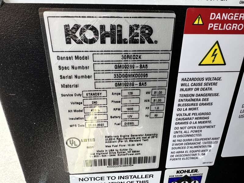 New Kohler 30REOZK Diesel Generator, 0 Hrs, EPA Tier 3, Single Phase
