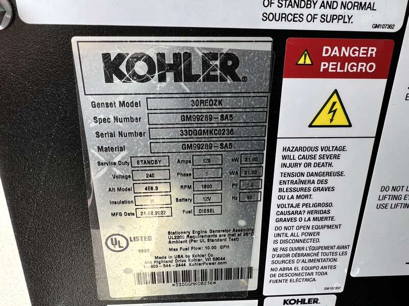 New Kohler 30REOZK Diesel Generator, 0 Hrs, EPA Tier 3, Single Phase