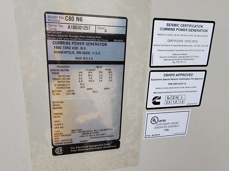 Used Cummins C80 N6 QSJ5.9-G3 Natural Gas / Propane Generator, 84 Hrs, EPA Certified