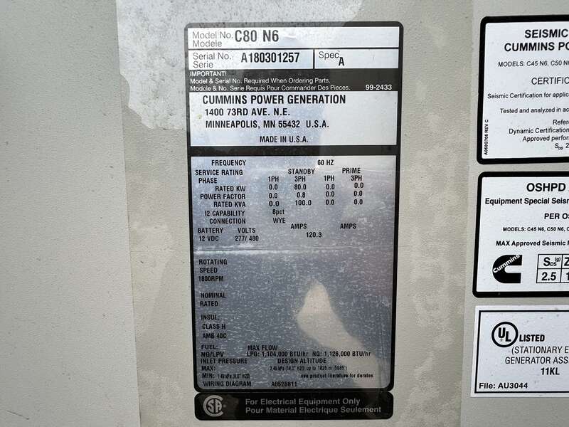 Used Cummins C80 N6 QSJ5.9-G3 Natural Gas / Propane Generator, 84 Hrs, EPA Certified
