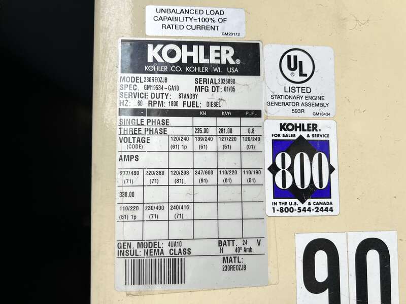 Used Kohler 230REOZJB Diesel Generator, 511 Hrs