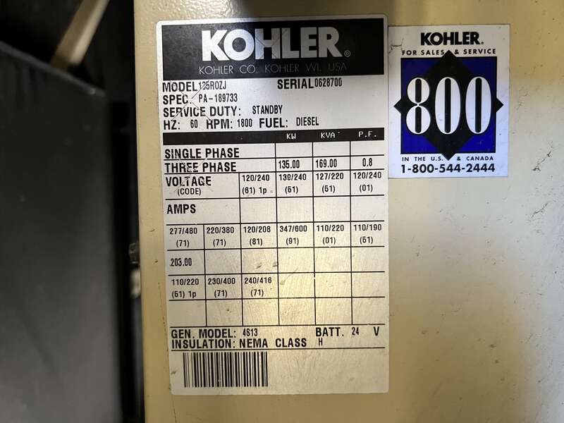 Used Kohler 135ROZJ John Deere 6081TF001 Diesel Generator, 396 Hrs