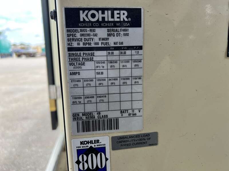 Used Kohler 35RZG Natural Gas / Propane Generator, 2321 Hrs Single Phase