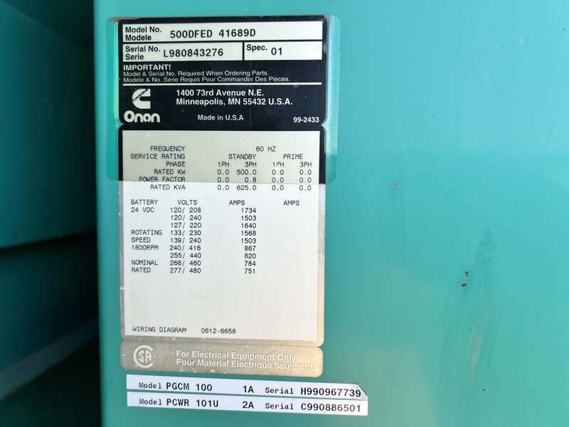 Used Cummins DFED KTA19-G4 Diesel Generator, 754 Hrs