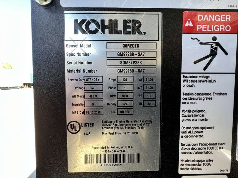 Used Kohler 30REOZK Diesel Generator 80 Hrs EPA Tier 3, Single Phase