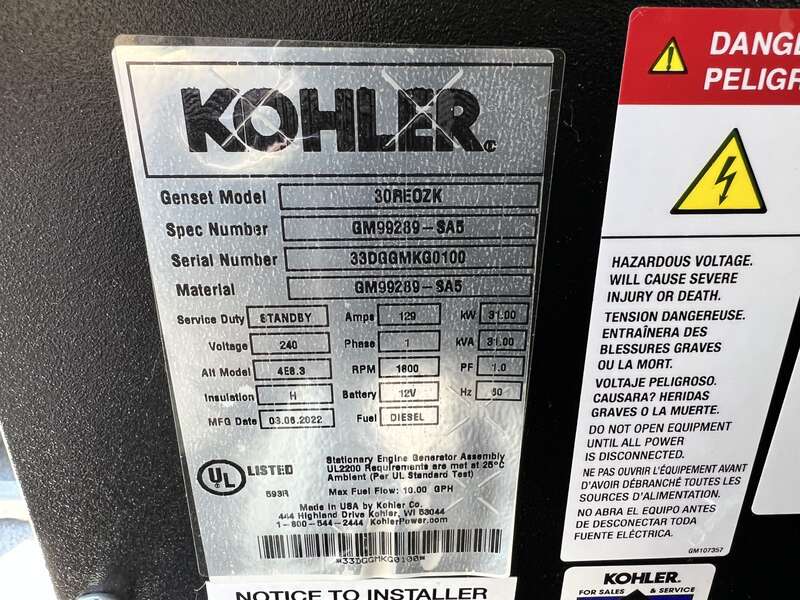 New Kohler 30REOZK Diesel Generator, 0 Hrs, EPA Tier 3, Single Phase