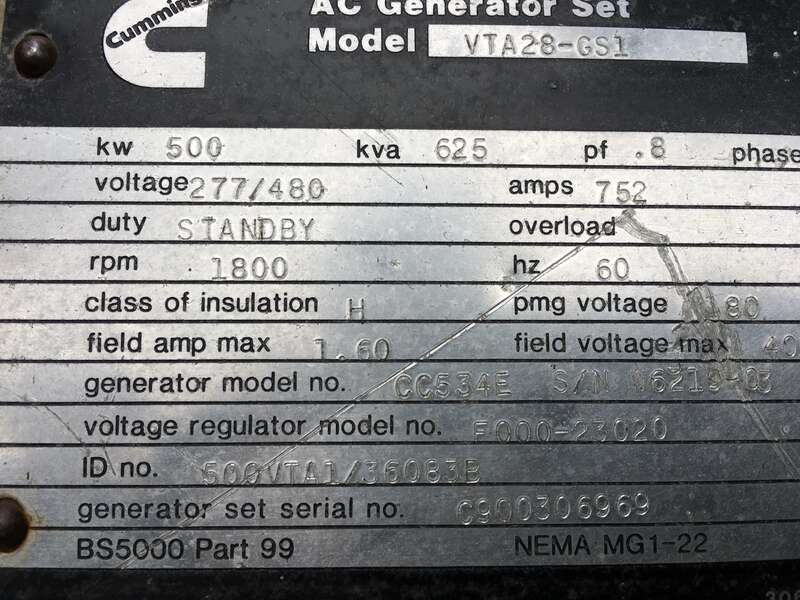 Used Cummins 500 kW VTA28-G1 Diesel Generator, 734 Hrs