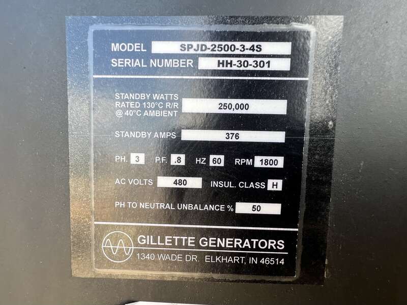 Used Gillette SPJD-2500-3-4S Diesel Generator,  404 Hrs, EPA Tier 3