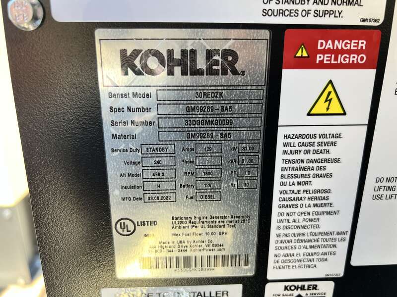 New Kohler 30REOZK Diesel Generator, 0 Hrs, EPA Tier 3, Single Phase