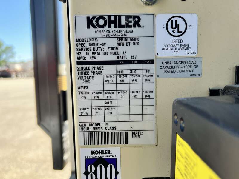 Used Kohler 60REZG Natural Gas / Propane Generator, 291 Hrs