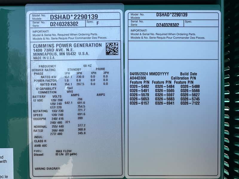 New Cummins DSHAD QSL9-G2 NR3 Diesel Generator EPA Tier 3