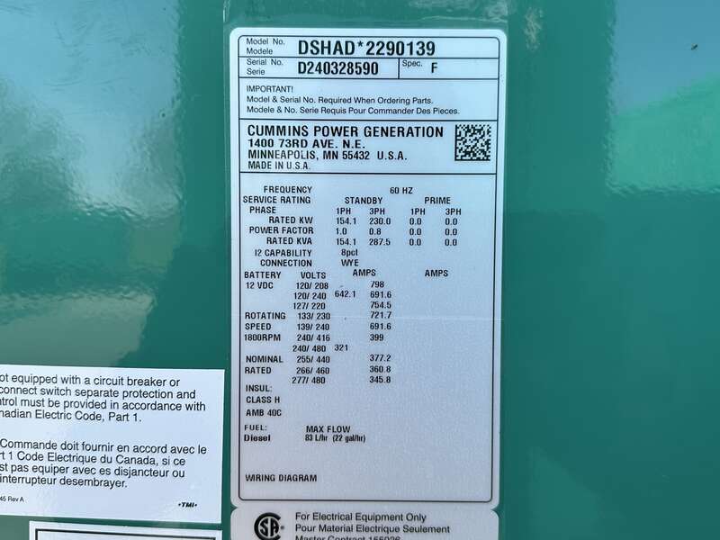 New Cummins DSHAD QSL9-G2 NR3 Diesel Generator EPA Tier 3