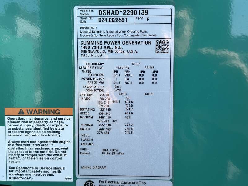 New Cummins DSHAD QSL9-G2 NR3 Diesel Generator EPA Tier 3