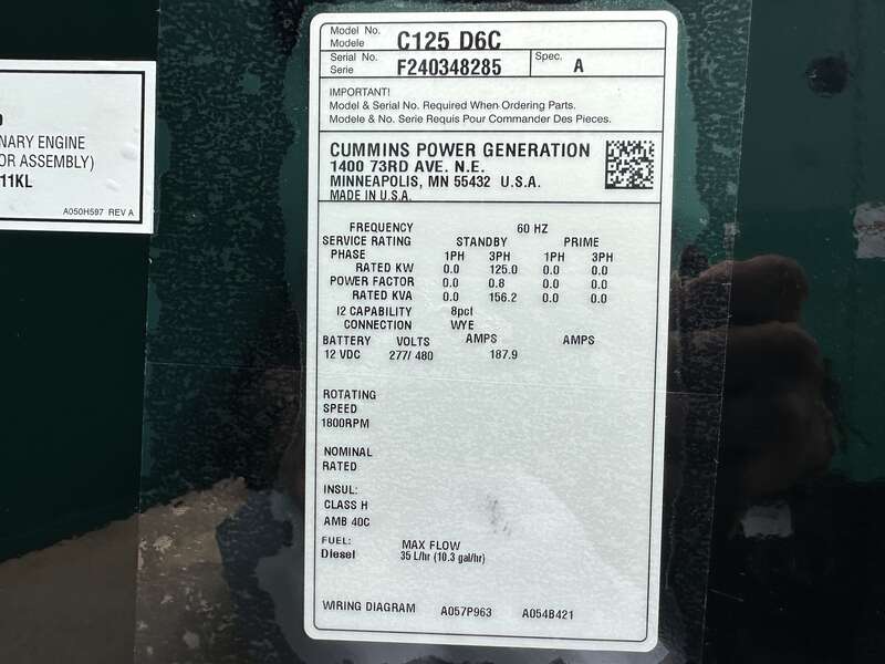 New Cummins C125D6C QSB5-G6 NR3 Diesel Generator, 0 Hrs, EPA Tier 3