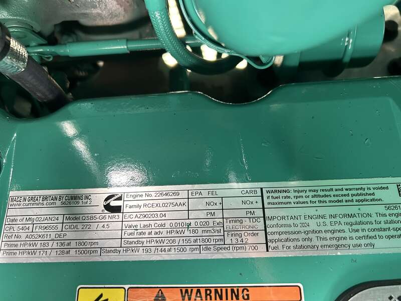 New Cummins C125D6C QSB5-G6 NR3 Diesel Generator, 0 Hrs, EPA Tier 3