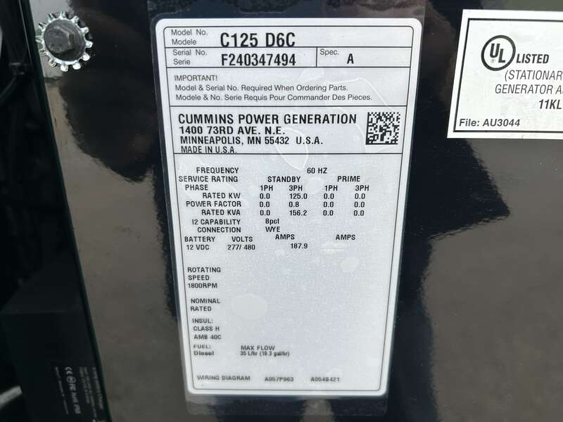New Cummins C125D6C QSB5-G6 NR3 Diesel Generator, 0 Hrs, EPA Tier 3