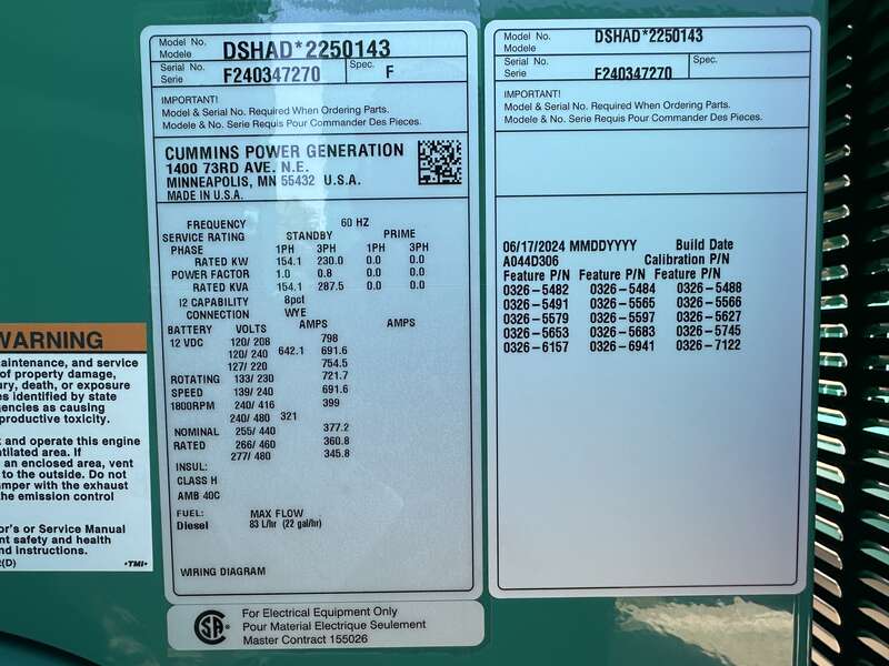 New Cummins DSHAD QSL9-G2 NR3 Diesel Generator EPA Tier 3