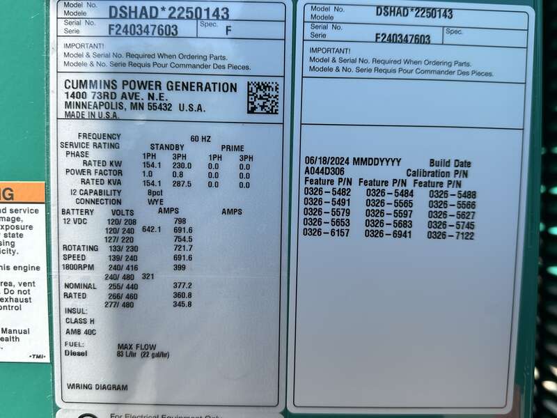 New Cummins DSHAD QSL9-G2 NR3 Diesel Generator EPA Tier 3
