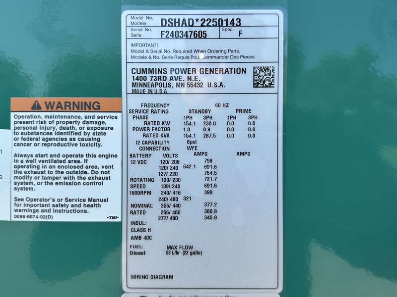 New Cummins DSHAD QSL9-G2 NR3 Diesel Generator EPA Tier 3