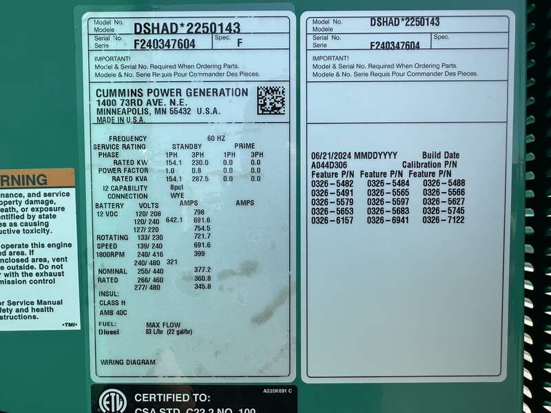 New Cummins DSHAD QSL9-G2 NR3 Diesel Generator EPA Tier 3