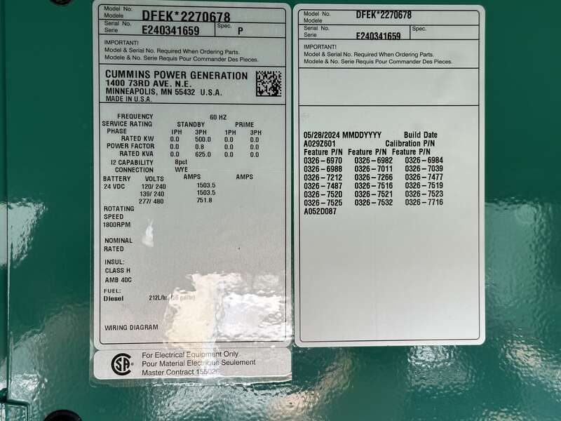 New Cummins DFEK QSX15-G9 Diesel Generator EPA Tier 2