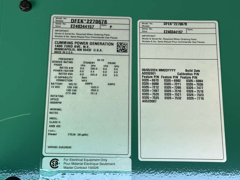 New Cummins DFEK QSX15-G9 Diesel Generator EPA Tier 2