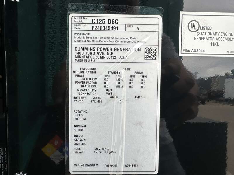 New Cummins C125D6C QSB5-G6 NR3 Diesel Generator, 0 Hrs, EPA Tier 3