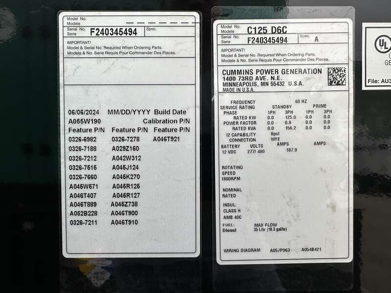 New Cummins C125D6C QSB5-G6 NR3 Diesel Generator, 0 Hrs, EPA Tier 3