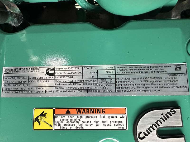 New Cummins C125D6C QSB5-G6 NR3 Diesel Generator, 0 Hrs, EPA Tier 3