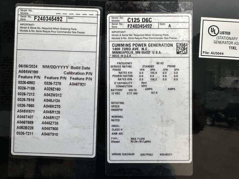 New Cummins C125D6C QSB5-G6 NR3 Diesel Generator, 0 Hrs, EPA Tier 3