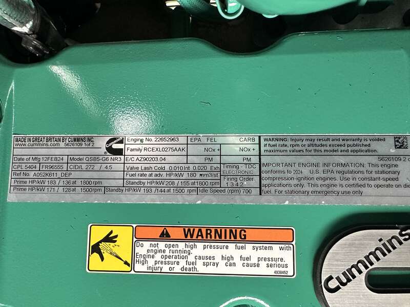 New Cummins C125D6C QSB5-G6 NR3 Diesel Generator, 0 Hrs, EPA Tier 3