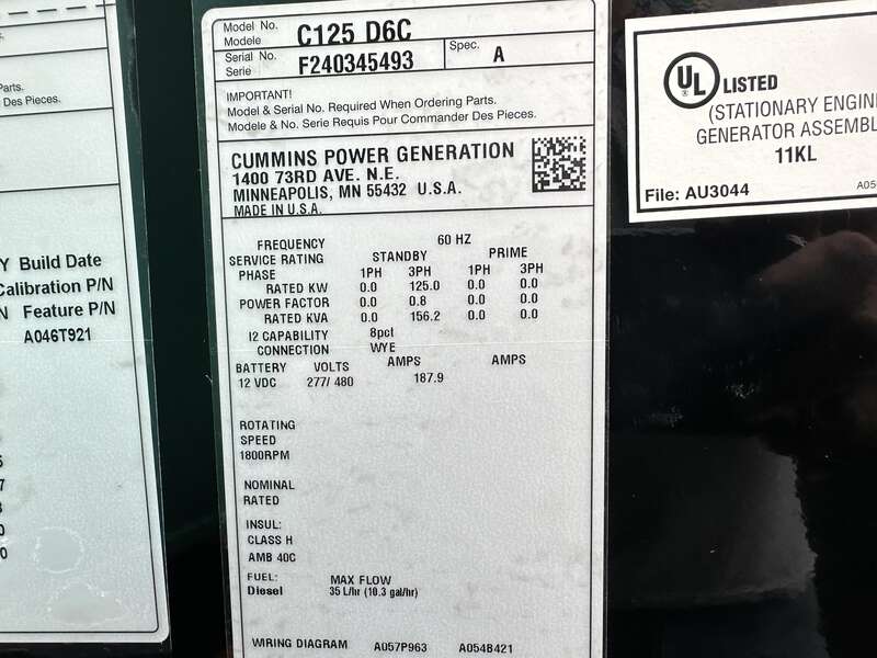 New Cummins C125D6C QSB5-G6 NR3 Diesel Generator, 0 Hrs, EPA Tier 3
