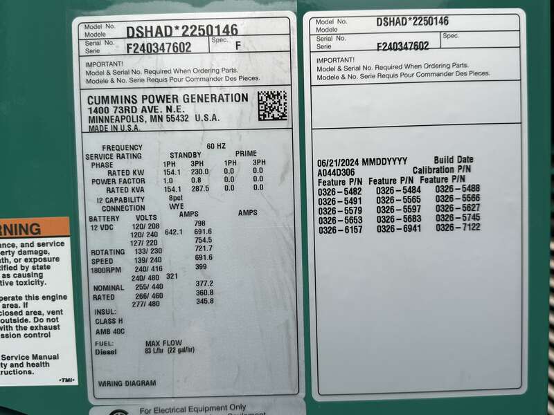 New Cummins DSHAD QSL9-G2 NR3 Diesel Generator EPA Tier 3