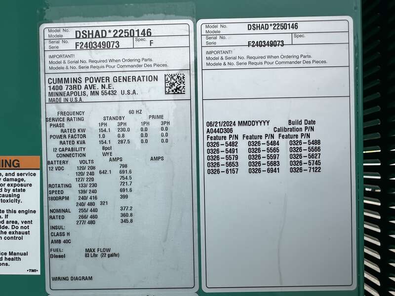New Cummins DSHAD QSL9-G2 NR3 Diesel Generator EPA Tier 3