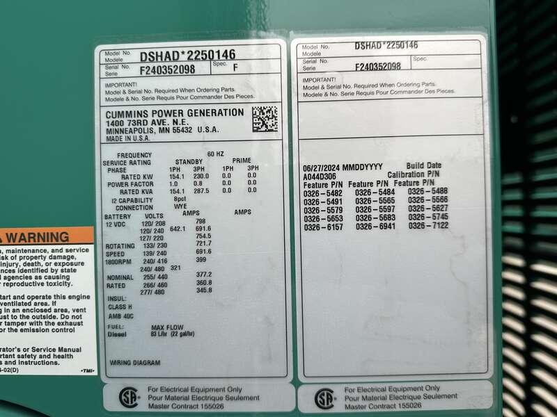 New Cummins DSHAD QSL9-G2 NR3 Diesel Generator EPA Tier 3